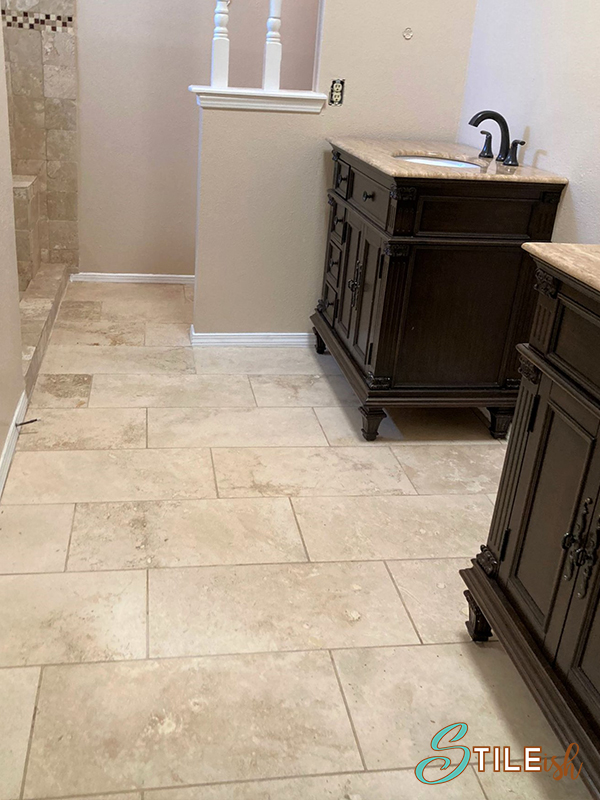 Travertine tile bathroom